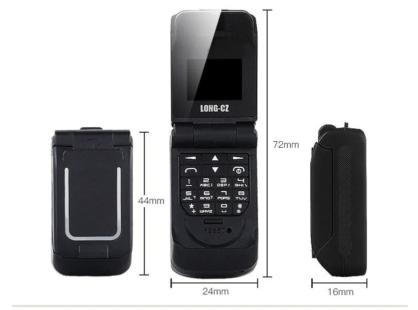 Mini flip phone with closed flip cover showing colour options: white, yellow, black, gold, blue, rose red