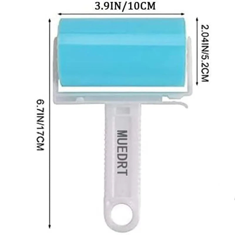 Blue reusable washable sticky lint roller with protective cover for removing pet hair.