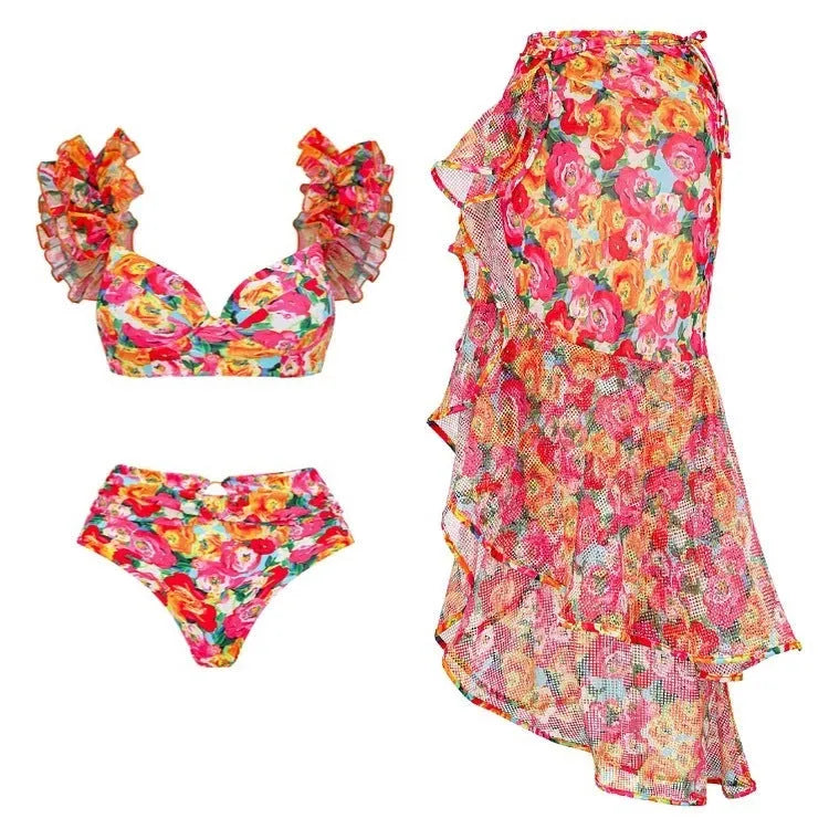 Floral pattern women's push up bikini with high waist design and split styling