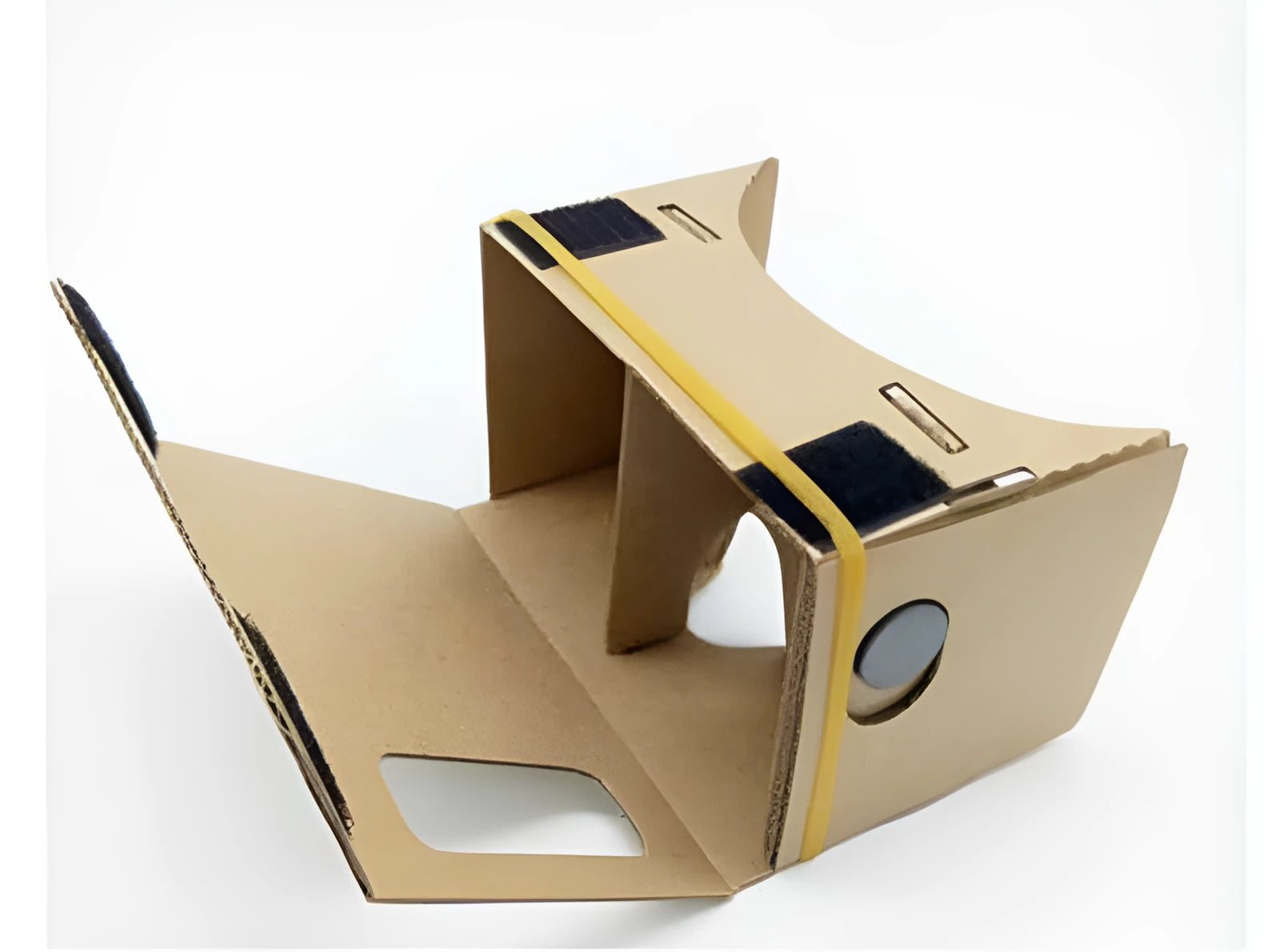Pink and white VR cardboard glasses viewer for smartphones with adjustable head strap.