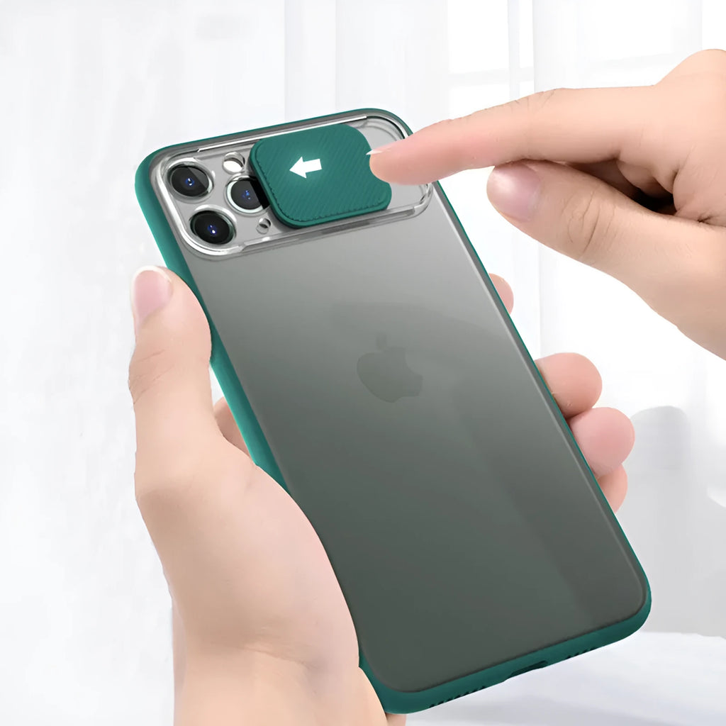 Lens sliding iPhone case in multiple colours showing PC and TPU construction.