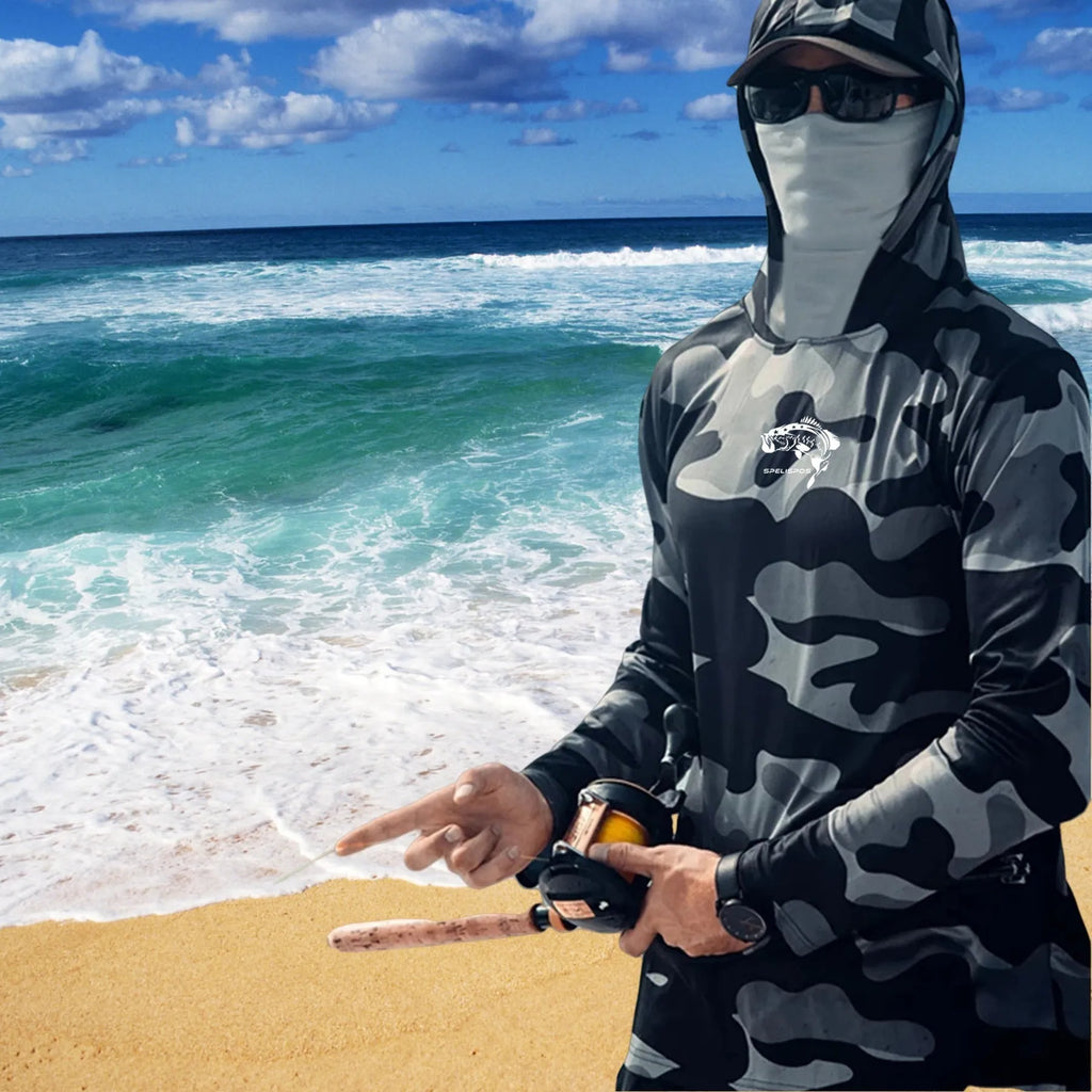 Men's grey long sleeve fishing hoodie with mesh side panels and crew neck.