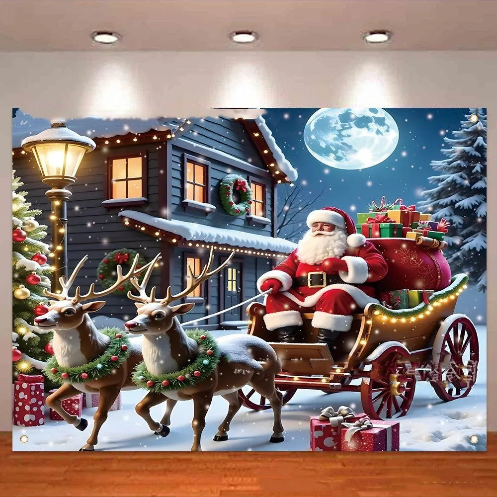 Red Christmas banner with Santa Claus and gift designs measuring 210cm wide by 150cm high