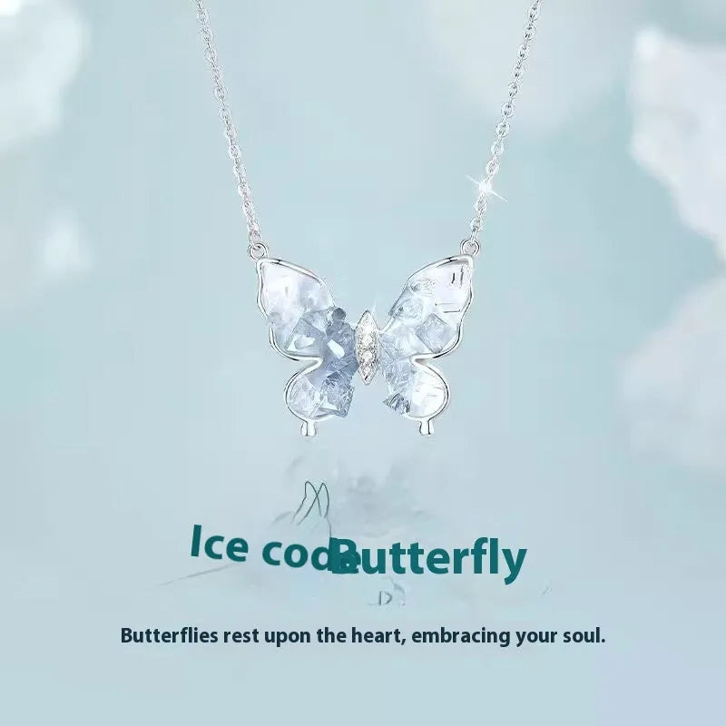 Bingyu butterfly necklace in 925 silver with ice rain pendant on adjustable O-ring chain