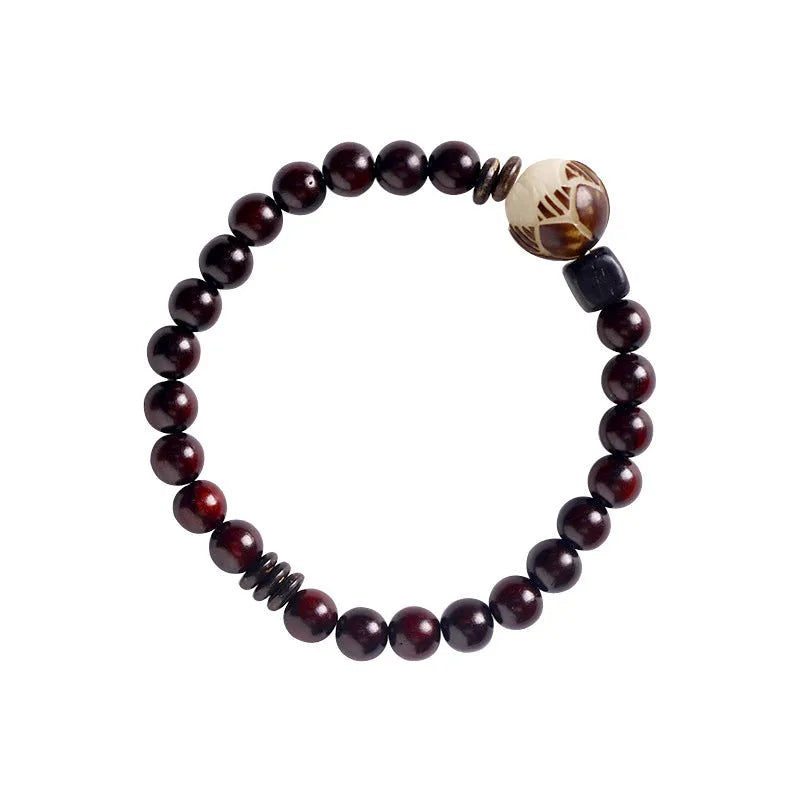 Natural rosewood double-ring bracelet with hand-knitted beads showing retro flower design