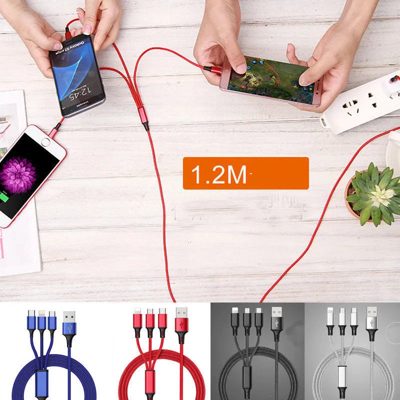 Braided 3-in-1 universal USB charging cable with aluminium connectors in multiple colours