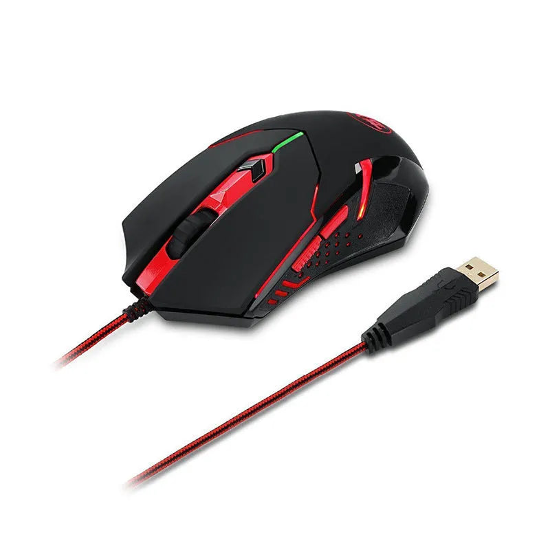 Black and red wired USB ergonomic gaming mouse with six buttons on a desk.