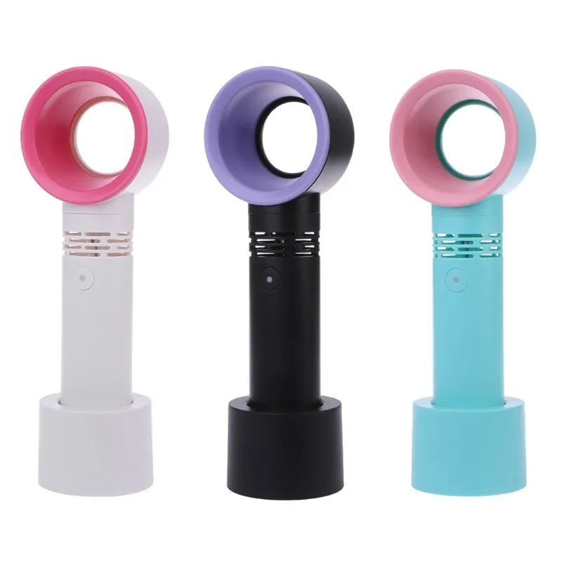 A compact portable bladeless fan with USB cable, shown in one of the available colours like blue or white.