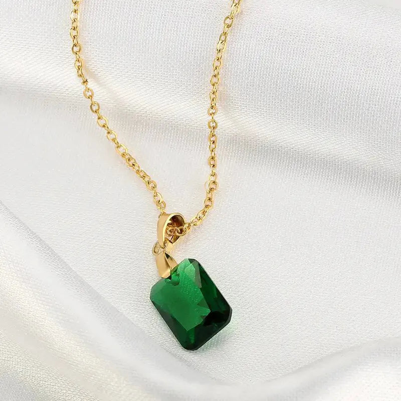 Rectangular copper pendant necklace with geometric design in XL1006 green on O-ring chain