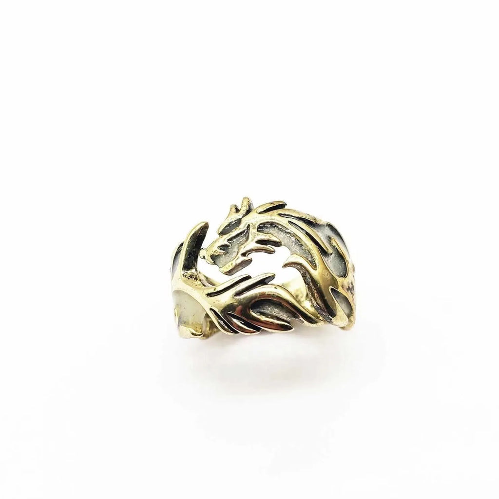 Chinese dragon pattern ring with adjustable opening in antique silver blue and green colour
