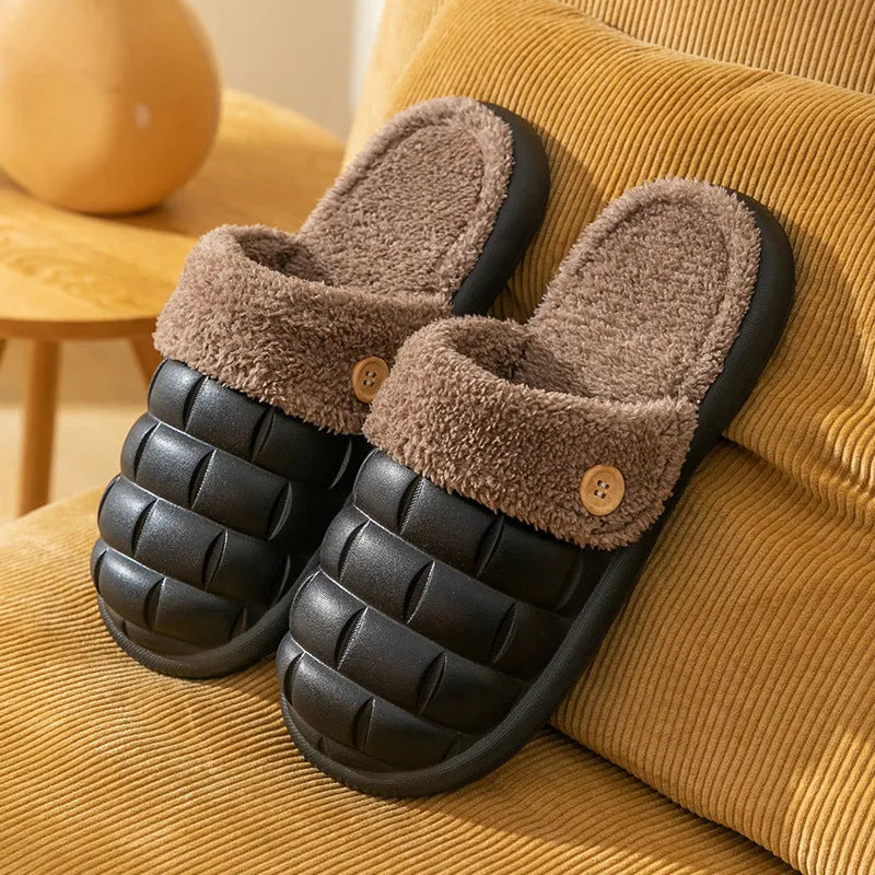Women's detachable plush-lined EVA slippers in pink with non-slip soles for winter indoor wear