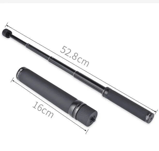 Black retractable selfie stick with stabilizer grip extended to full length with phone attached
