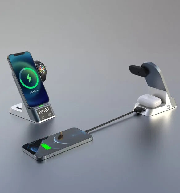 Black six-in-one alarm clock wireless charging station with display and charging surface