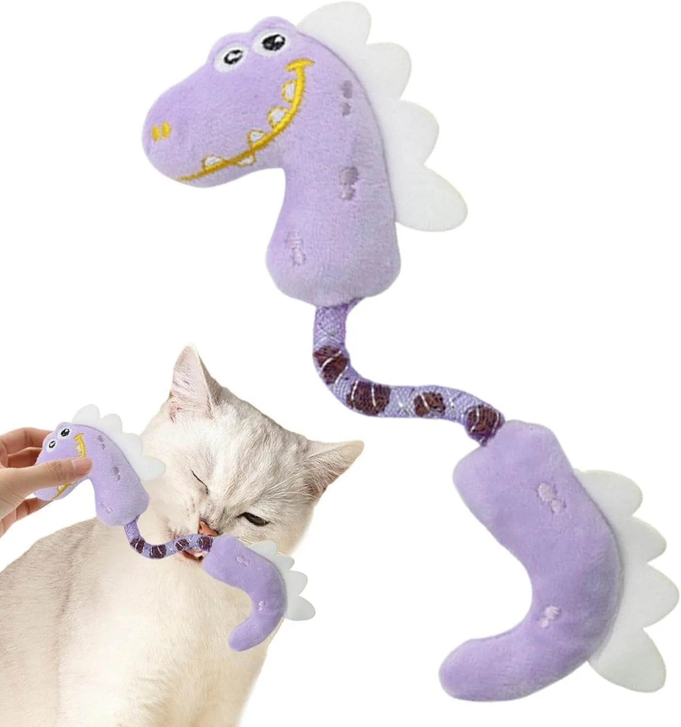 Assortment of cat toys including chew toys, rope toys, springs, and kicker toys in pink, purple and yellow
