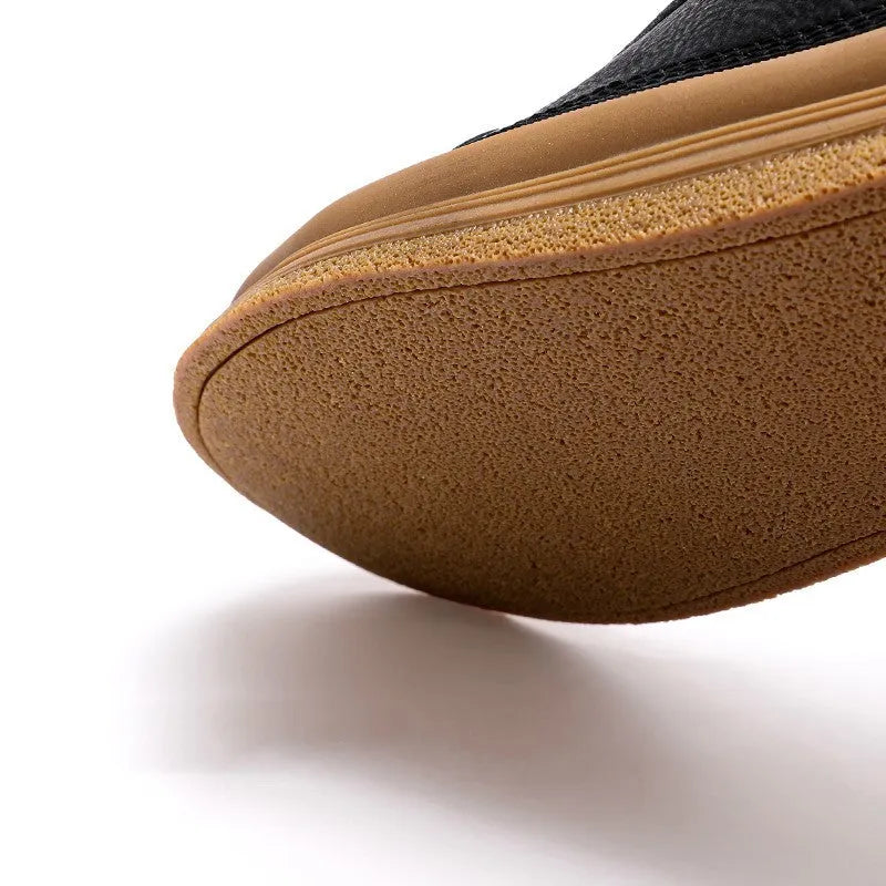 Men's black round-toe lace-up casual leather shoes with a flat rubber sole.