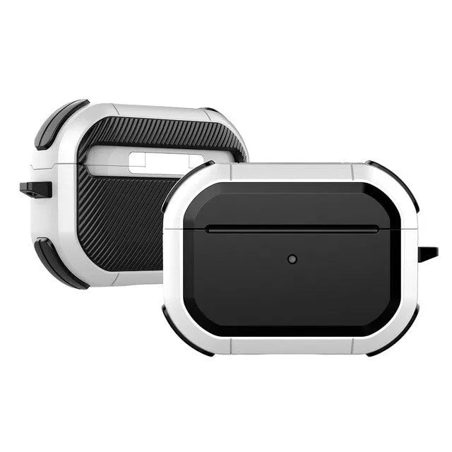 Black TPU and PC protective shell case fitted on a white Apple AirPods Pro charging case.