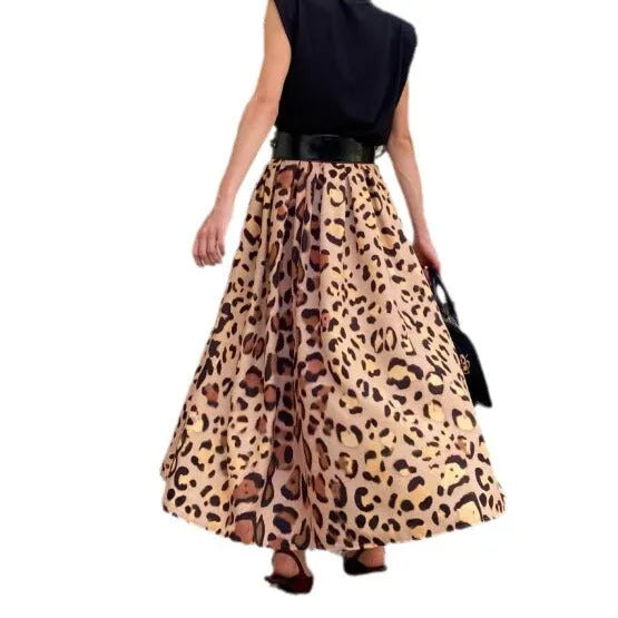 Brown leopard print women's A-line skirt with a long length and big flowing hem.
