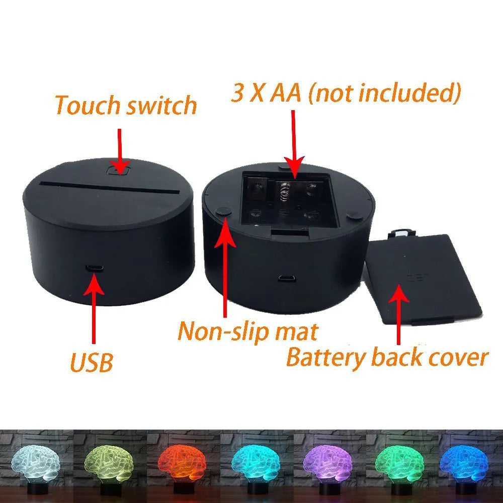 3D brain design acrylic illusion lamp with LED lights on a black ABS base, showing colourful light projection.