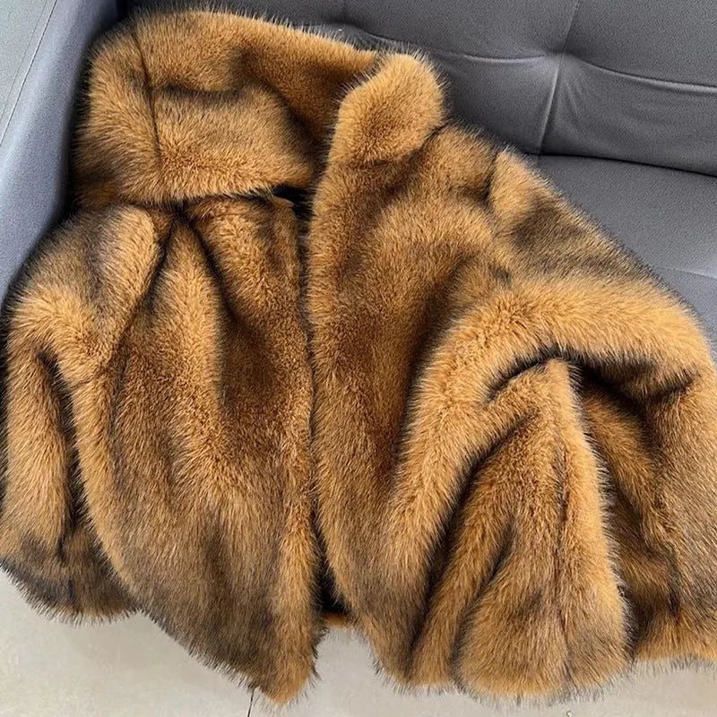 Women's silver grey artificial fur coat with loose fit and mid-length design