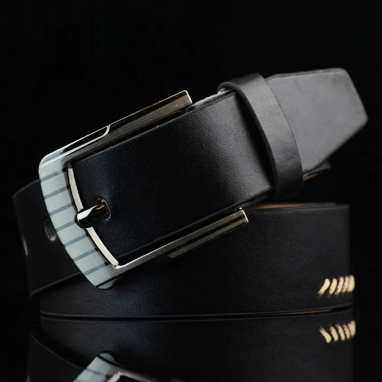 Men's casual pin buckle belt in black, brown or white colours showing threading pattern and alloy buckle
