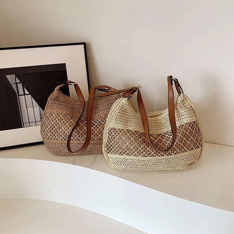 Women's straw crossbody bag in horizontal square shape with sandwich pocket, khaki colour option