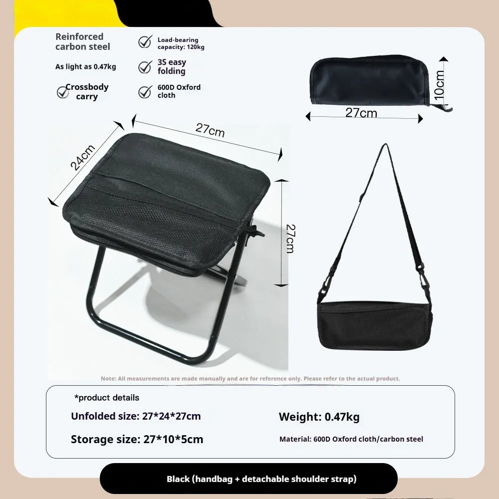 Lightweight foldable camp chair stool in khaki colour, shown both set up and folded into its compact pencil box carry case.