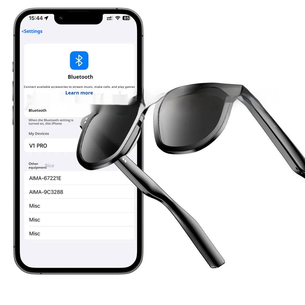 Black AI smart Bluetooth sunglasses with touch controls on frame for wireless audio and calls