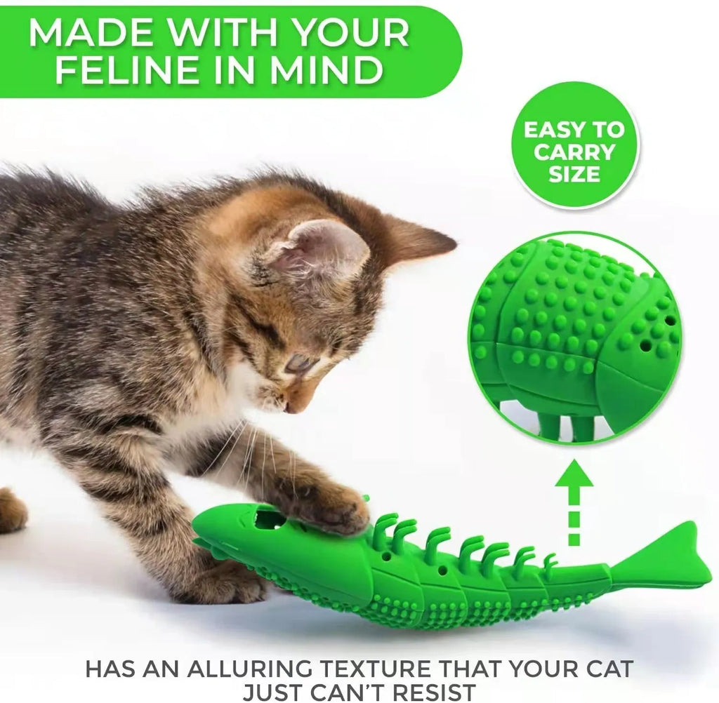 Blue cat toothbrush chew toy with hard rubber construction for dental care play