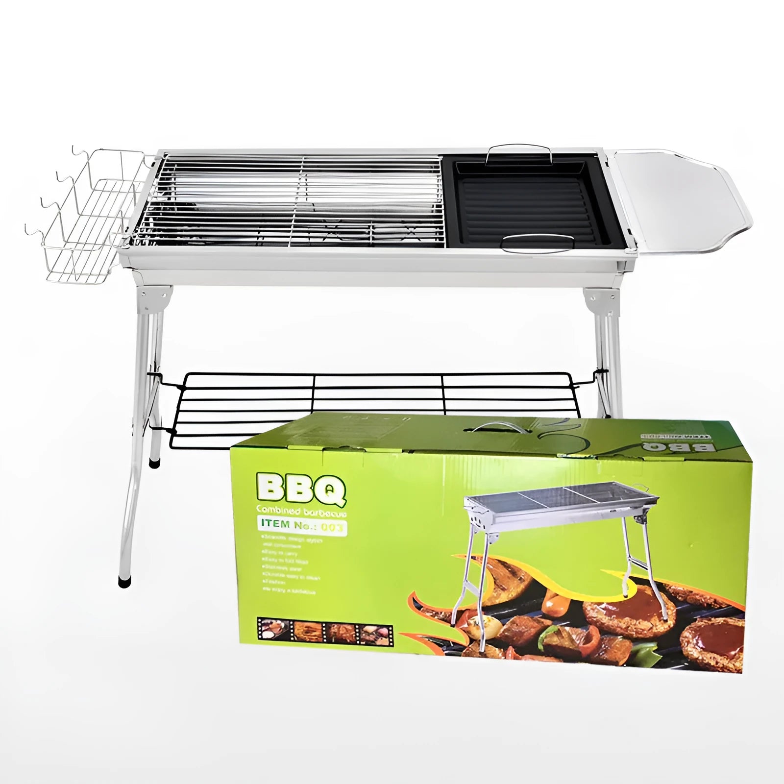 Stainless steel flip barbecue oven with charcoal grills and cooking nets