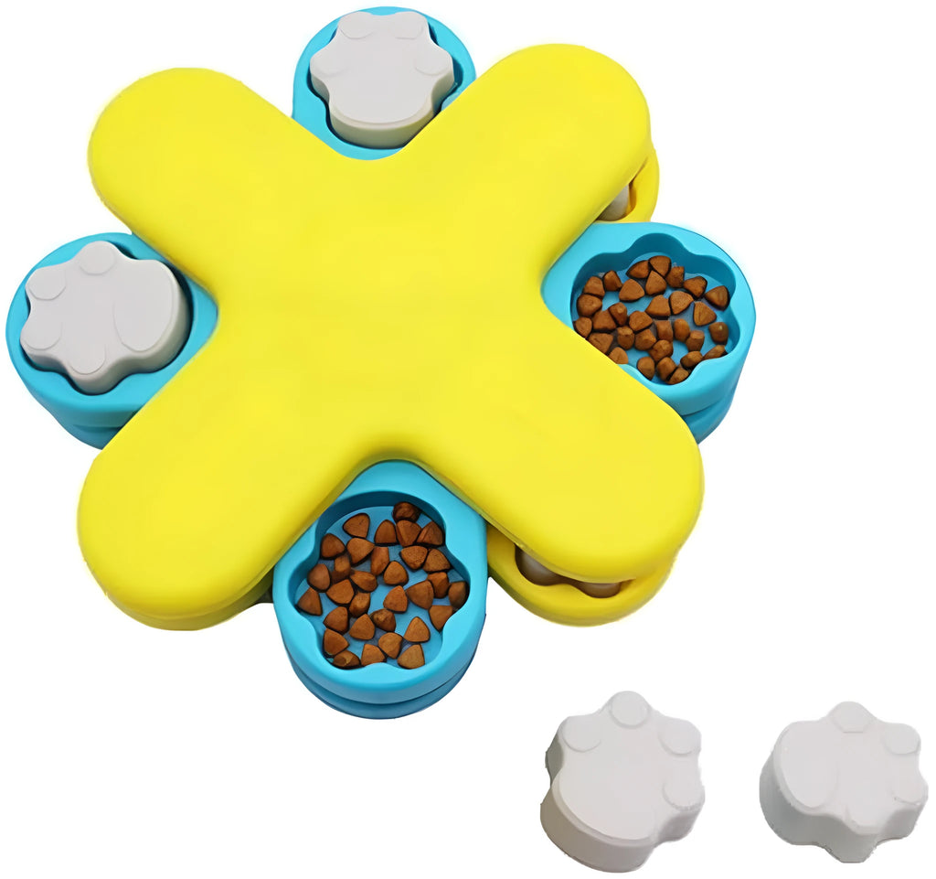 Yellow three-layer rotating dog puzzle feeder with claw-shaped lids and anti-slip rubber base