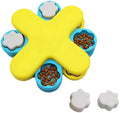 Yellow three-layer rotating dog puzzle feeder with claw-shaped lids and anti-slip rubber base