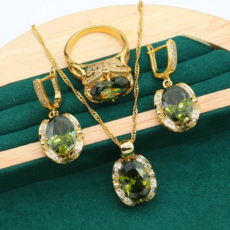 Complete women's rhinestone zircon jewellery set with snake bones chain necklace and matching earrings ring