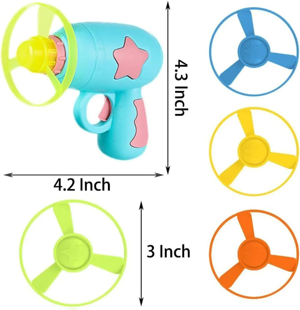 Blue or pink plastic cat toy gun with frisbee, showing compact size for indoor cat play.