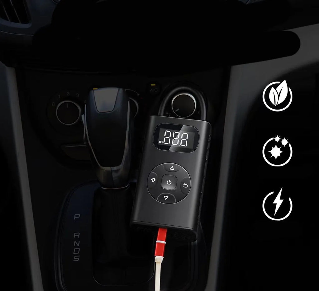 Black portable power bank air compressor for car and motorcycle tyres with USB cable