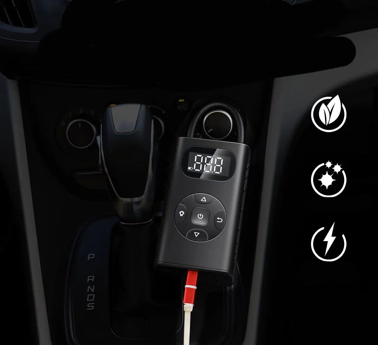 Black portable power bank air compressor for car and motorcycle tyres with USB cable