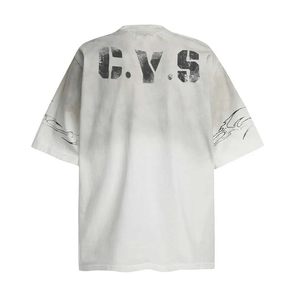 Men's black and white printed short-sleeved cotton t-shirt showing front design