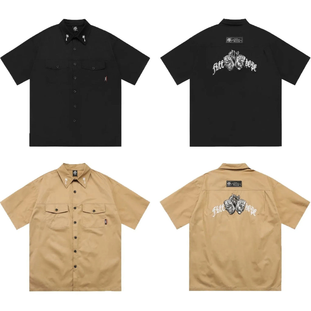 Men's black cotton blend shirt with embroidery, loose fit with half sleeves