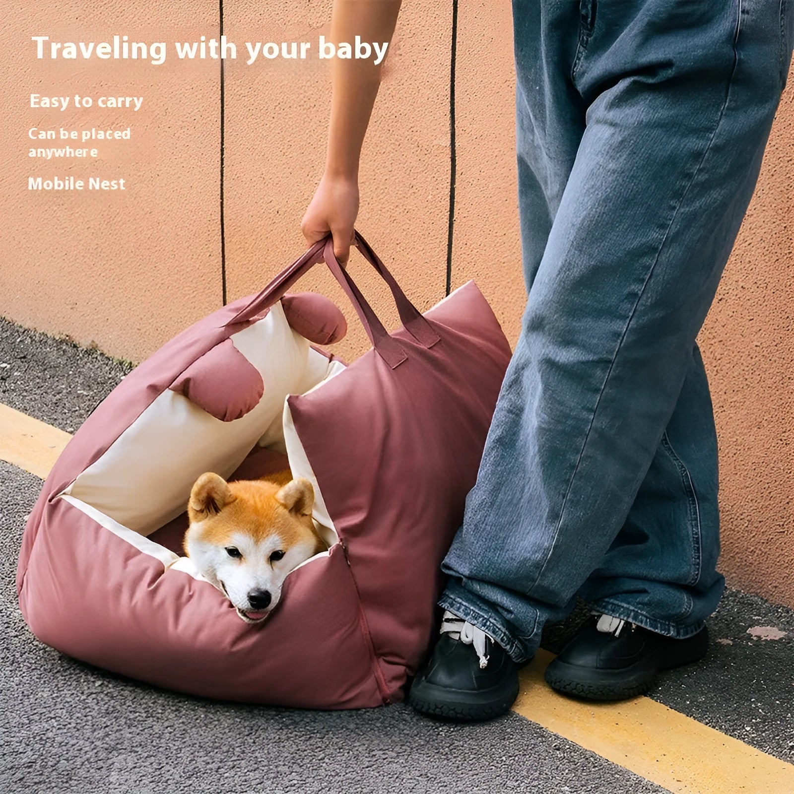 Removable washable dog car kennel in beige, shown in a vehicle boot with size options M and L.