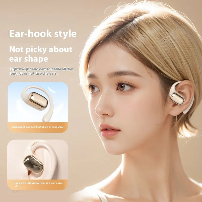 Ear-mounted wireless headphones with digital display screen in black, skin colour, or white colour options