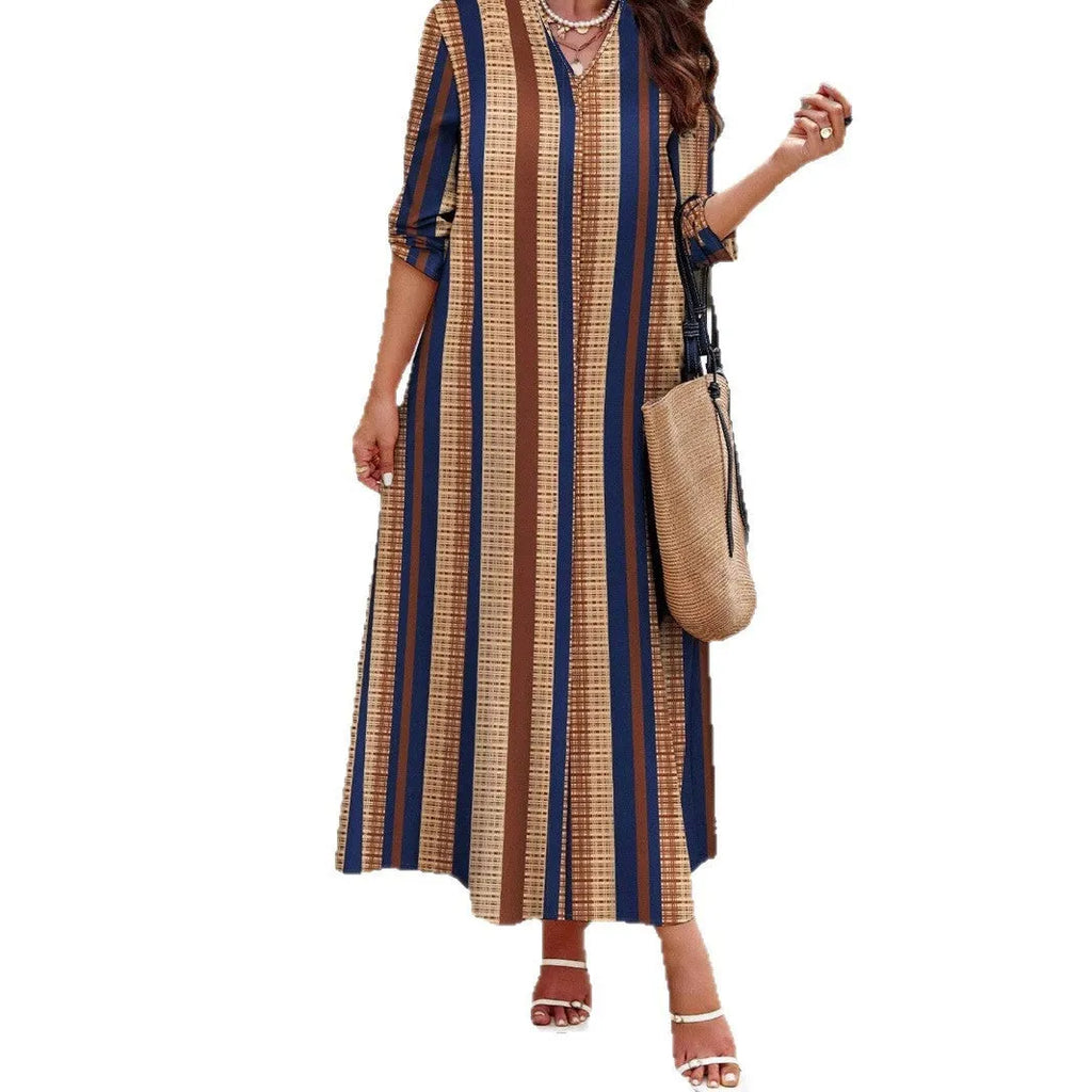 Camel coloured striped V-neck knitted polyester dress with A-line silhouette and long sleeves