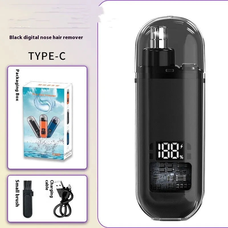 Rechargeable nose hair trimmer with digital display, removable cutter head, and cleaning brush