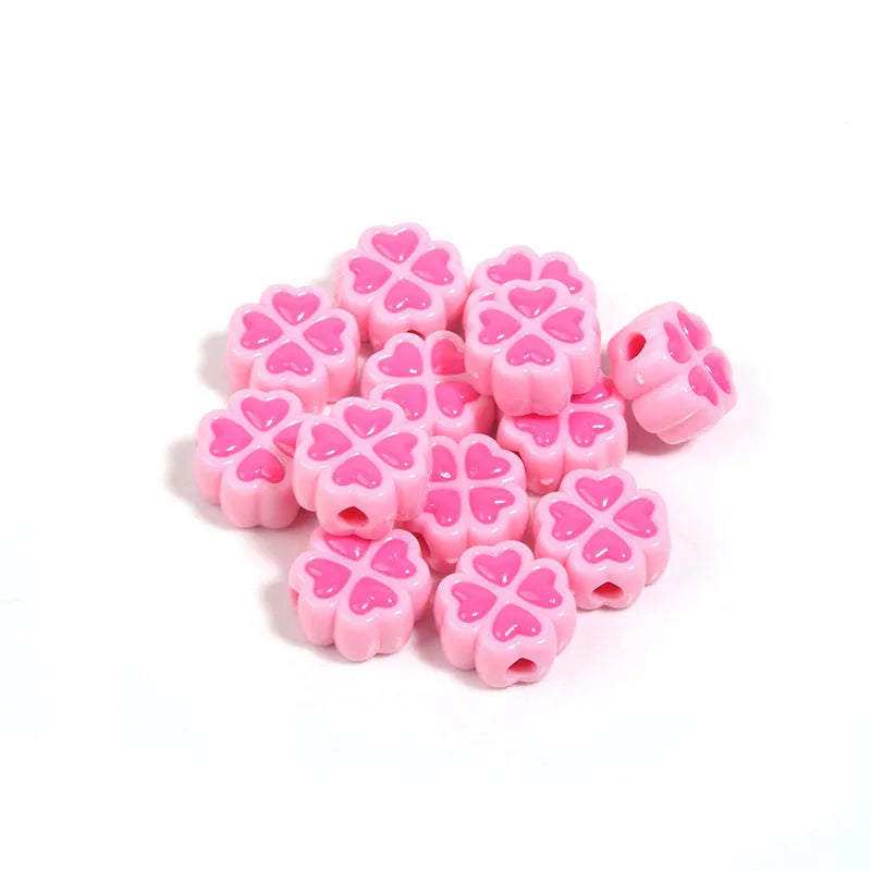 15mm acrylic four-leaf clover beads with frosted finish in various colours including rose red, pink, yellow, green, blue, purple