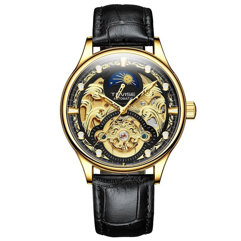 Men's gold leather strap automatic mechanical watch with waterproof business design