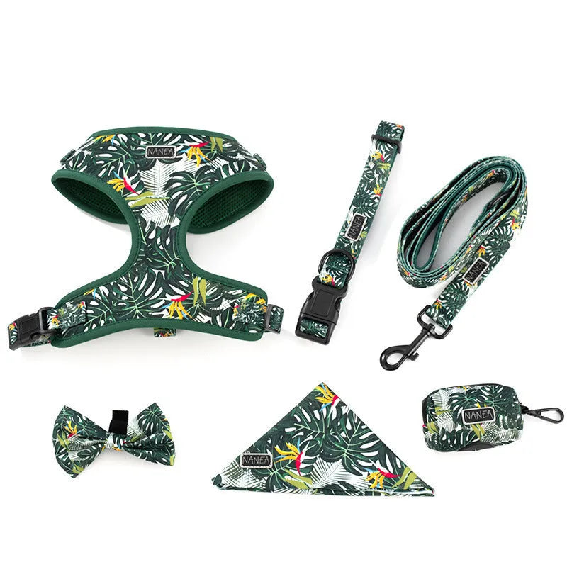 Adjustable cloth dog harness set with rope, collar, waste bag, bow tie and triangular scarf accessories