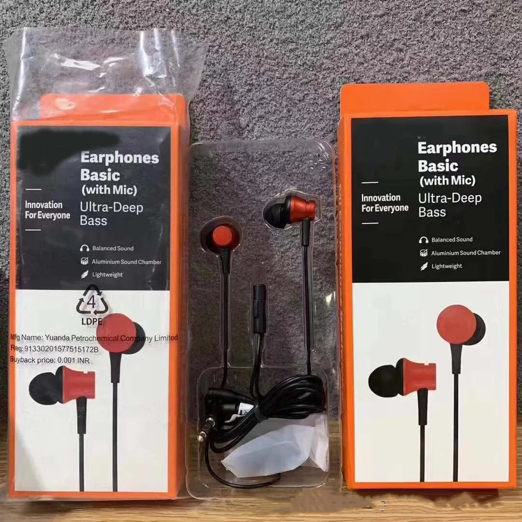 Piston-style wired in-ear headphones with a 3.5mm plug, shown in black, blue and red colour options.