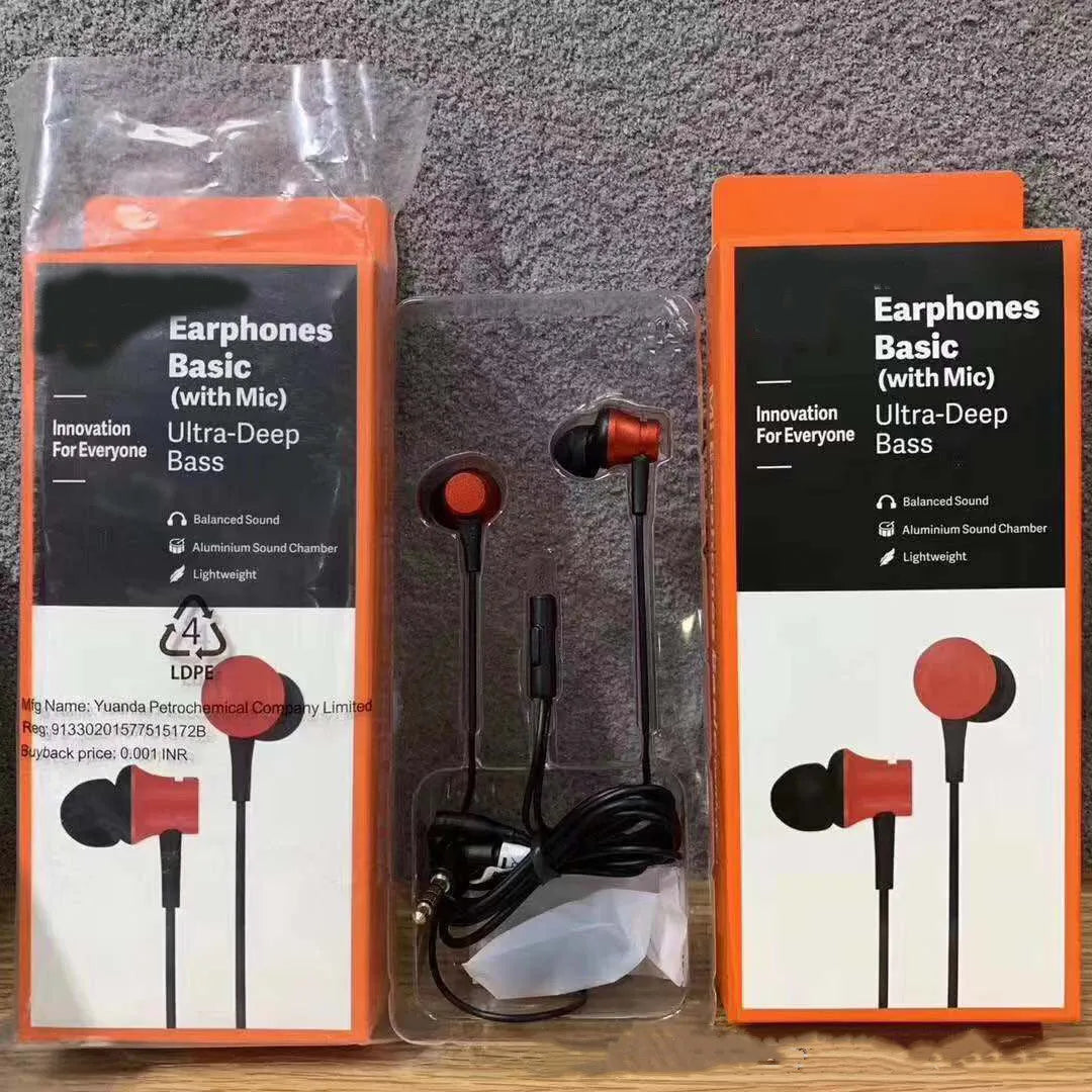 Piston-style wired in-ear headphones with a 3.5mm plug, shown in black, blue and red colour options.