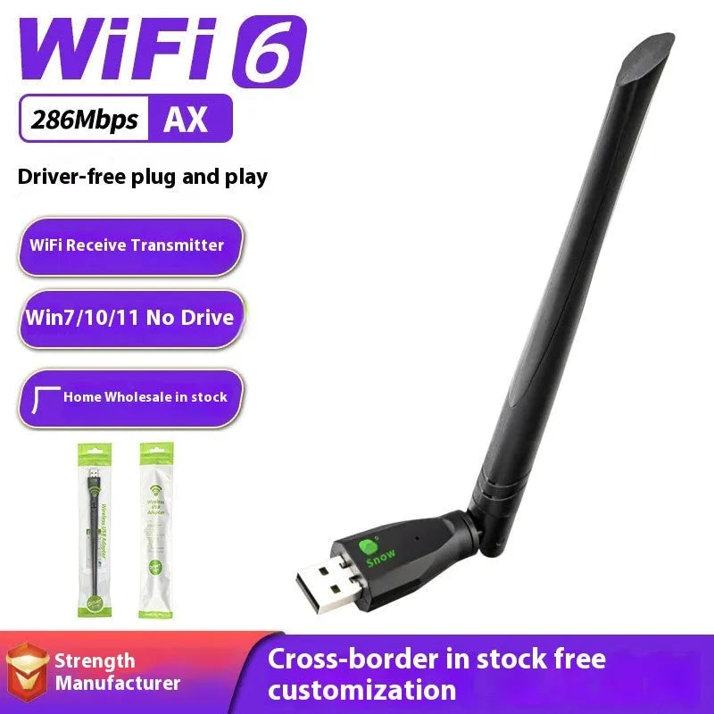 Black USB WiFi6 wireless network card with receiver and transmitter functions