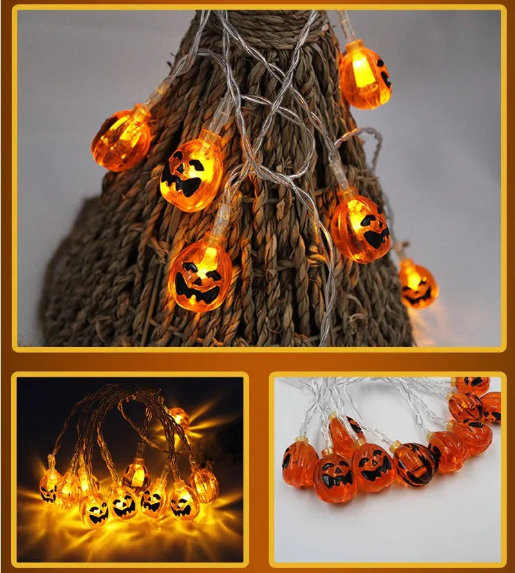 Halloween LED string lights with pumpkin, ghost and bat pendants on 1.2 metre battery-powered cord