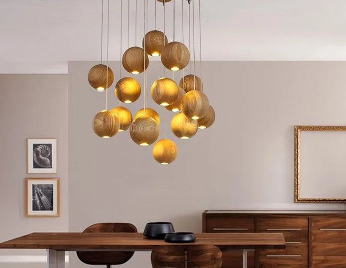 Nordic style wood ball chandelier with adjustable hanging height and solid wood construction for living room