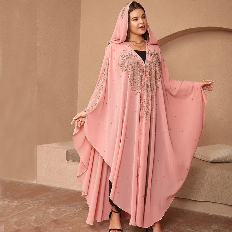 Purple rhinestone beaded Muslim style chiffon shawl draped over a mannequin.